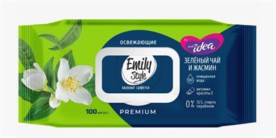 Emily Style ПРЕМИУМ влажные салфетки УНИВЕРСАЛЬНЫЕ ЗЕЛЕНЫЙ ЧАЙ С ЖАСМИНОМ с крышкой 100шт (М) С0008012