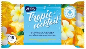 Влажные салфетки AURA Tropic Cocktail Антибактериальные 15 штук 4751023293967