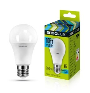 Ergolux LED-A60-10W-E27-4K (Эл.лампа светод. "Груша" Холодный свет 10Вт E27 4500K 180-240В) 4895117874561