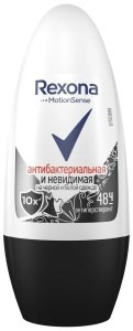 Дезодорант шариковый Rexona Антибактериальная Невидимая на черном и белом 50 мл 46195883