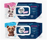 Emily Style ЛАЙТ влажные салфетки ДЕТСКИЕ гипоаллергенные без отдушки с крышкой 0+* роз/гол 120шт (М С0008179